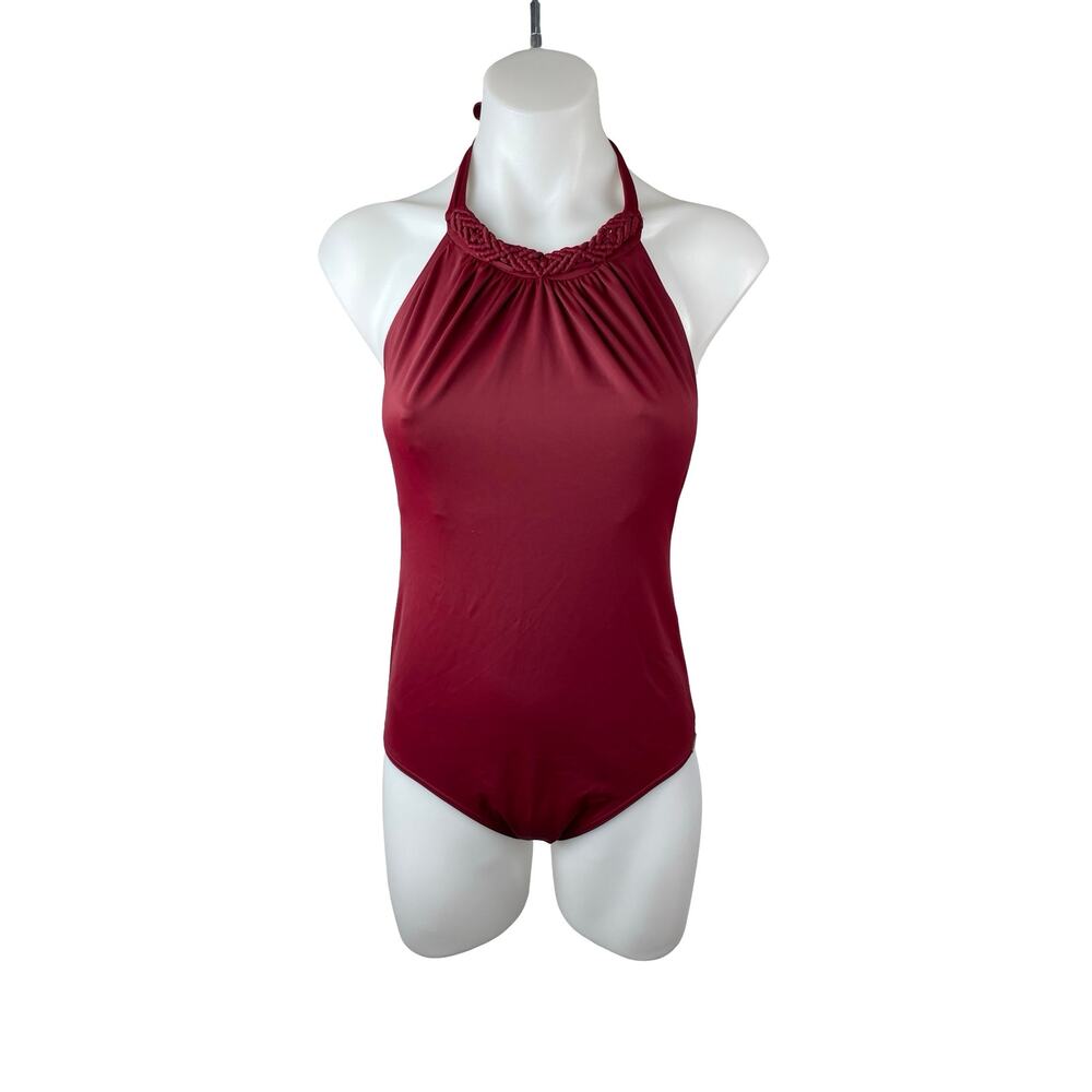 Amante Red Silk Satin Braided Halter Open Back One Piece Swimsuit Swimwear Sz L
